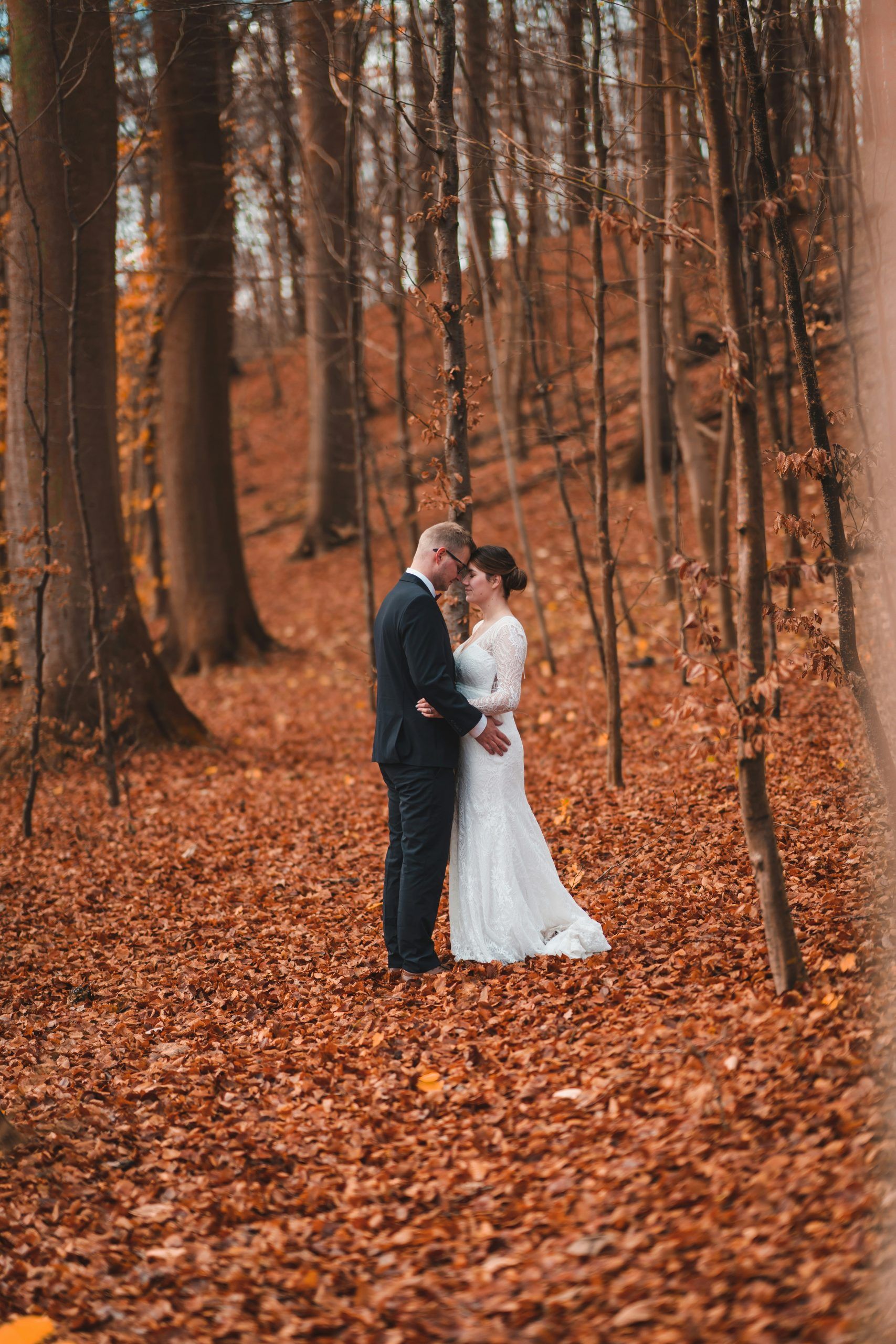 Fotoshooting nach freier Trauung im Herbst. Das Brautpaar ist draußen zwischen goldenen Bäumen